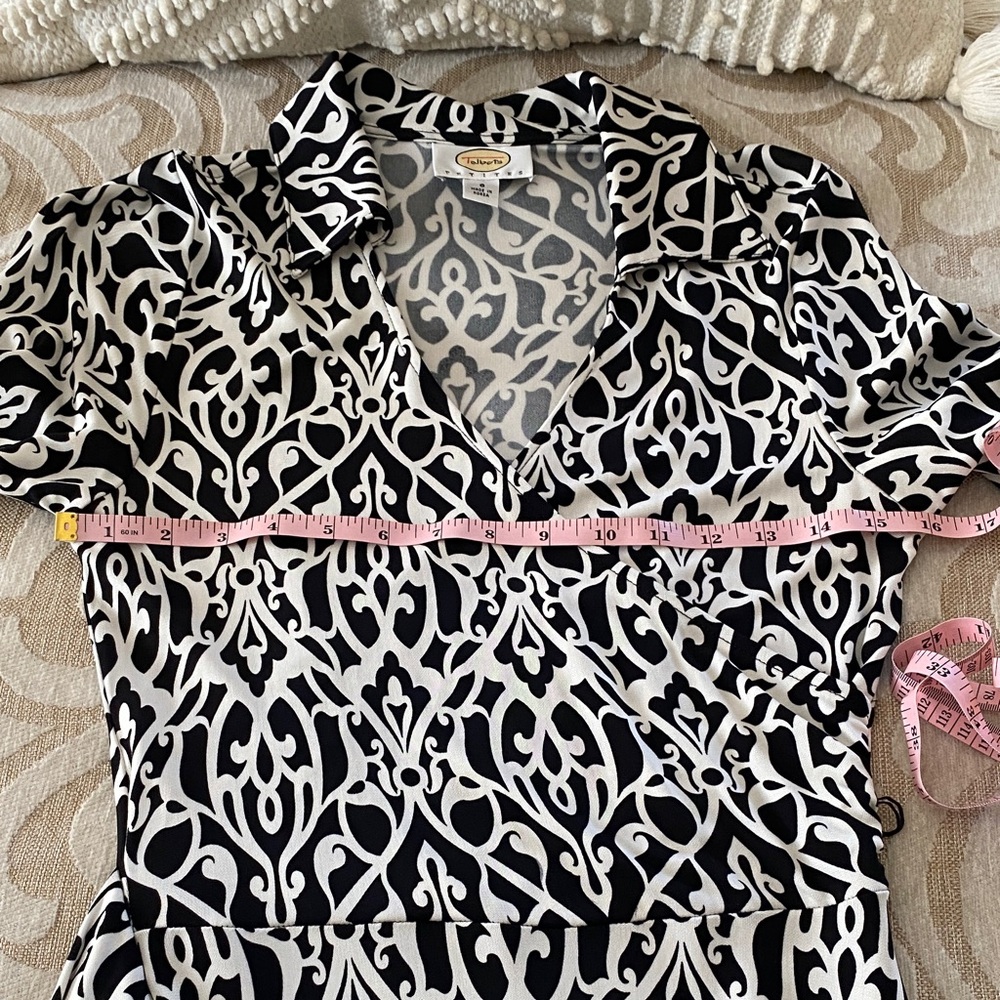 Talbots Petite 8 Black White Wrap Dress Moroccan Print Stretch Rayon - Picture 8 of 11